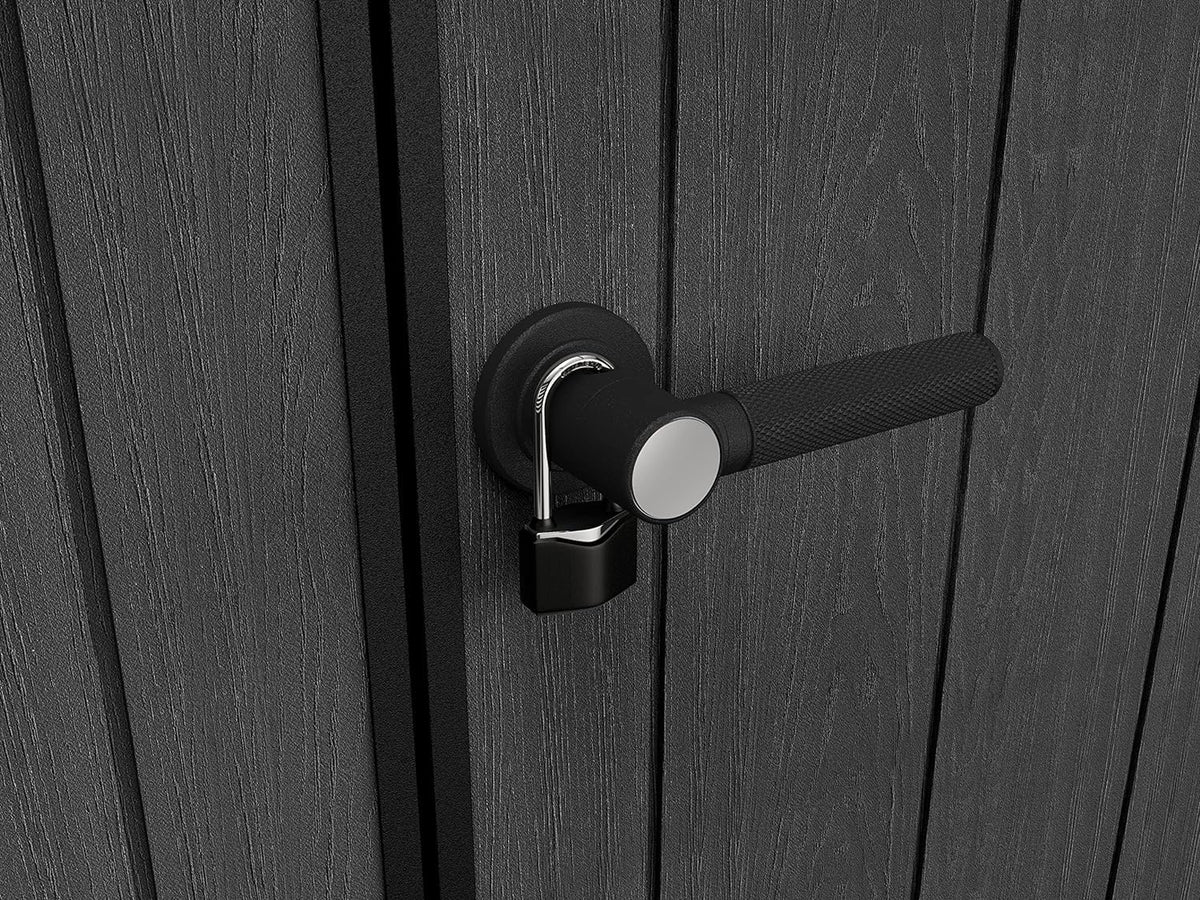 Keter Artisan Outdoor Pent Double Door Garden Storage Shed 7 x 7ft Grey Duotech+ Wood look and feel, Fade Free, All Weather Resistant, Safe and Secure, Zero Maintenance