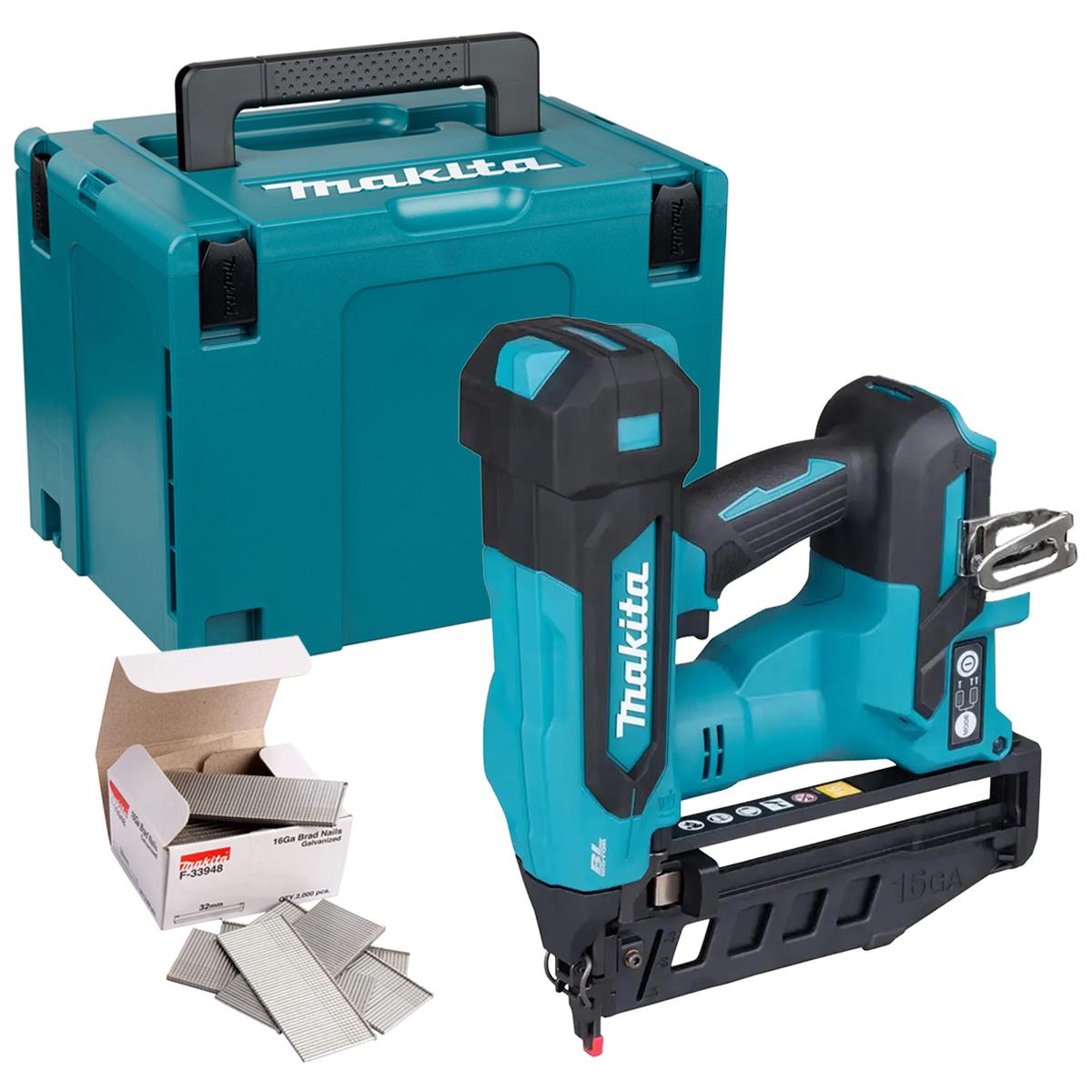Makita DBN601ZJ 18V LXT Brushless 16Ga Straight Finishing Nailer With 2000 Piece Brad Nails & Case