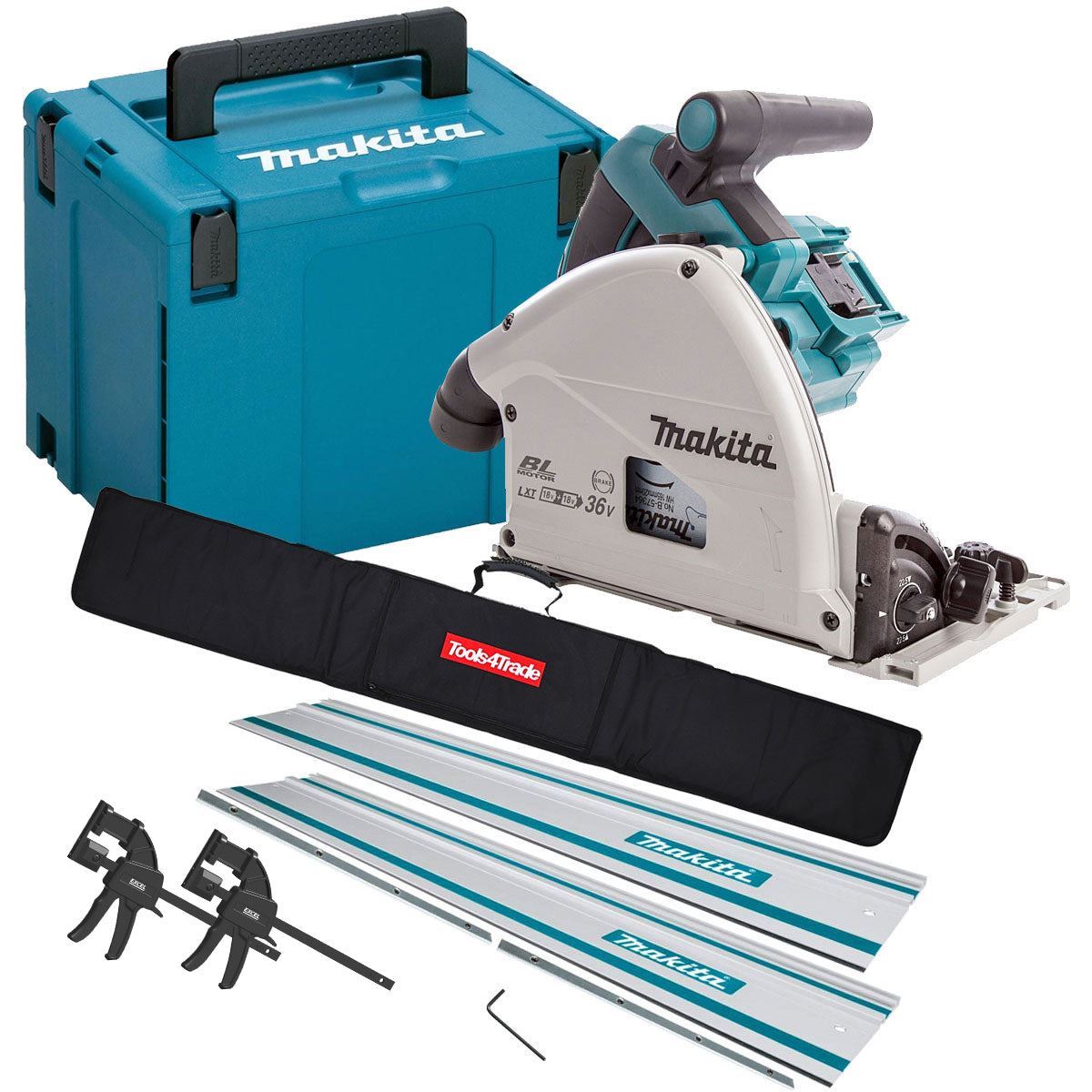 Makita DSP600ZJ 36V Brushless Plunge Saw Body Only with 2 x Guide Rail, Connector & Clamp Set