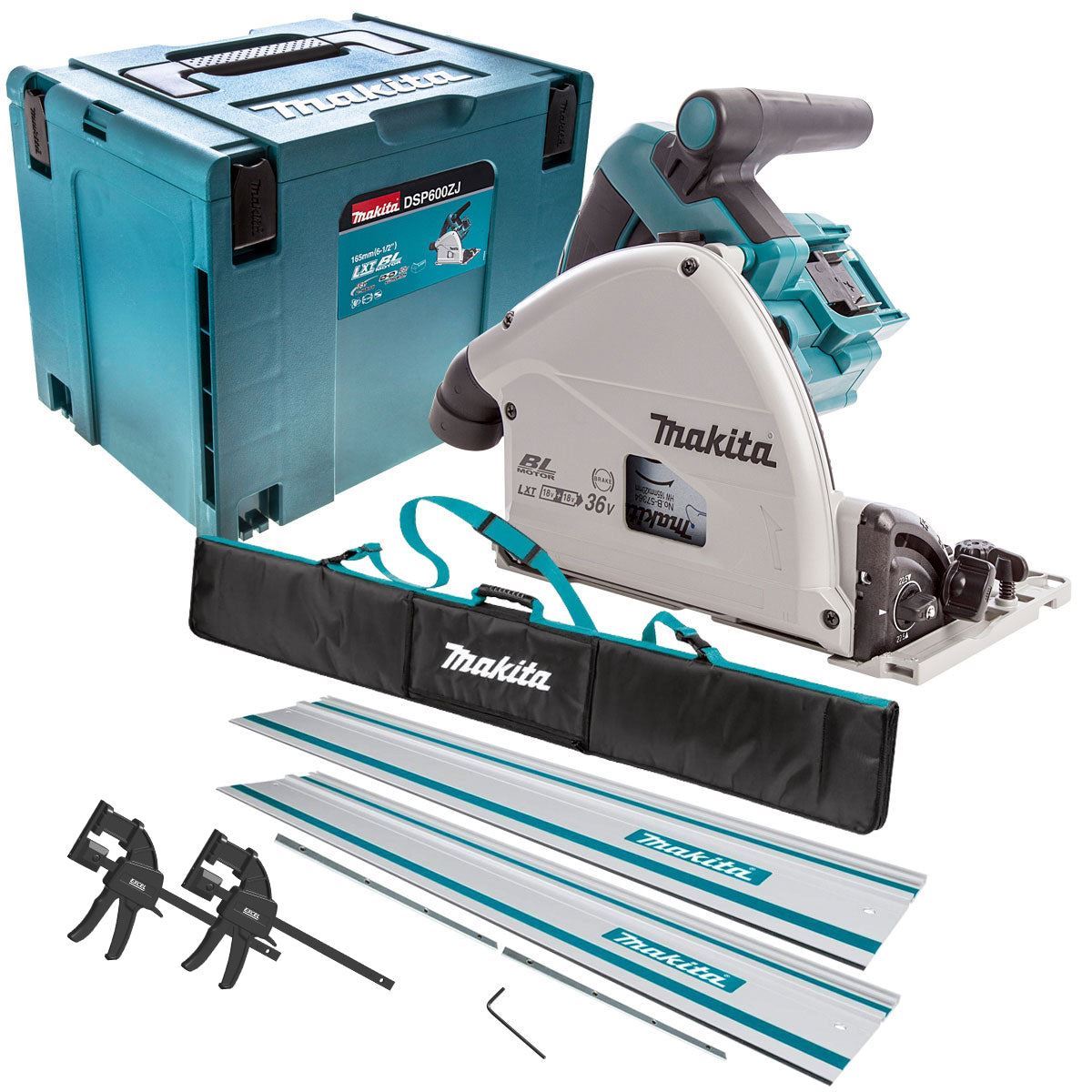 Makita DSP600ZJ 36V Brushless Plunge Saw Body Only with 2 x Guide Rail, Clamp, Bag & Case