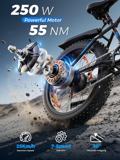 26" Electric Fat Tyre Mountain Bike 250W 48V 13Ah 7-Speed LCD Display