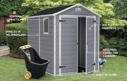 Keter Manor Outdoor Plastic Garden Storage Shed, Grey, 6 x 8 ft