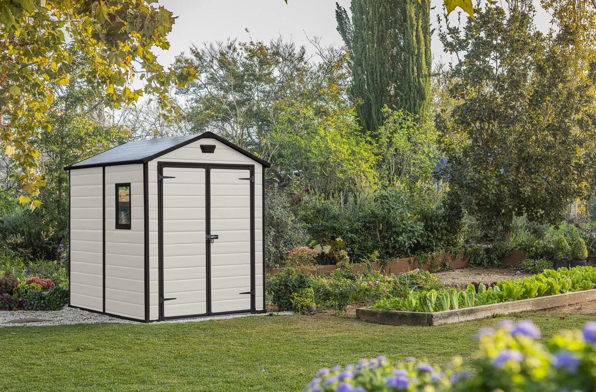 Keter Manor Outdoor Apex Double Door Garden Storage Shed 6 x 8ft Beige Brown Wood effect | Fade Free | All Weather Resistant | Safe and Secure | Zero Maintenance | 15 year Warranty