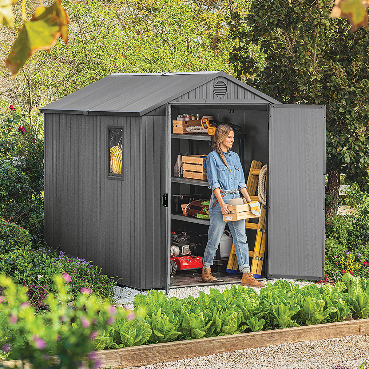 Keter Darwin Outdoor Apex Double Door Garden Storage Shed 6 x 8ft Grey Evotech+ Wood Look and Feel | Fade Free | All Weather Resistant | Safe and Secure | Zero Maintenance | 15 year Warranty